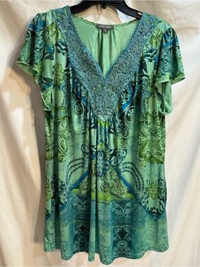 Roz & Ali Teal and Lime Beaded V-Neck Tunic